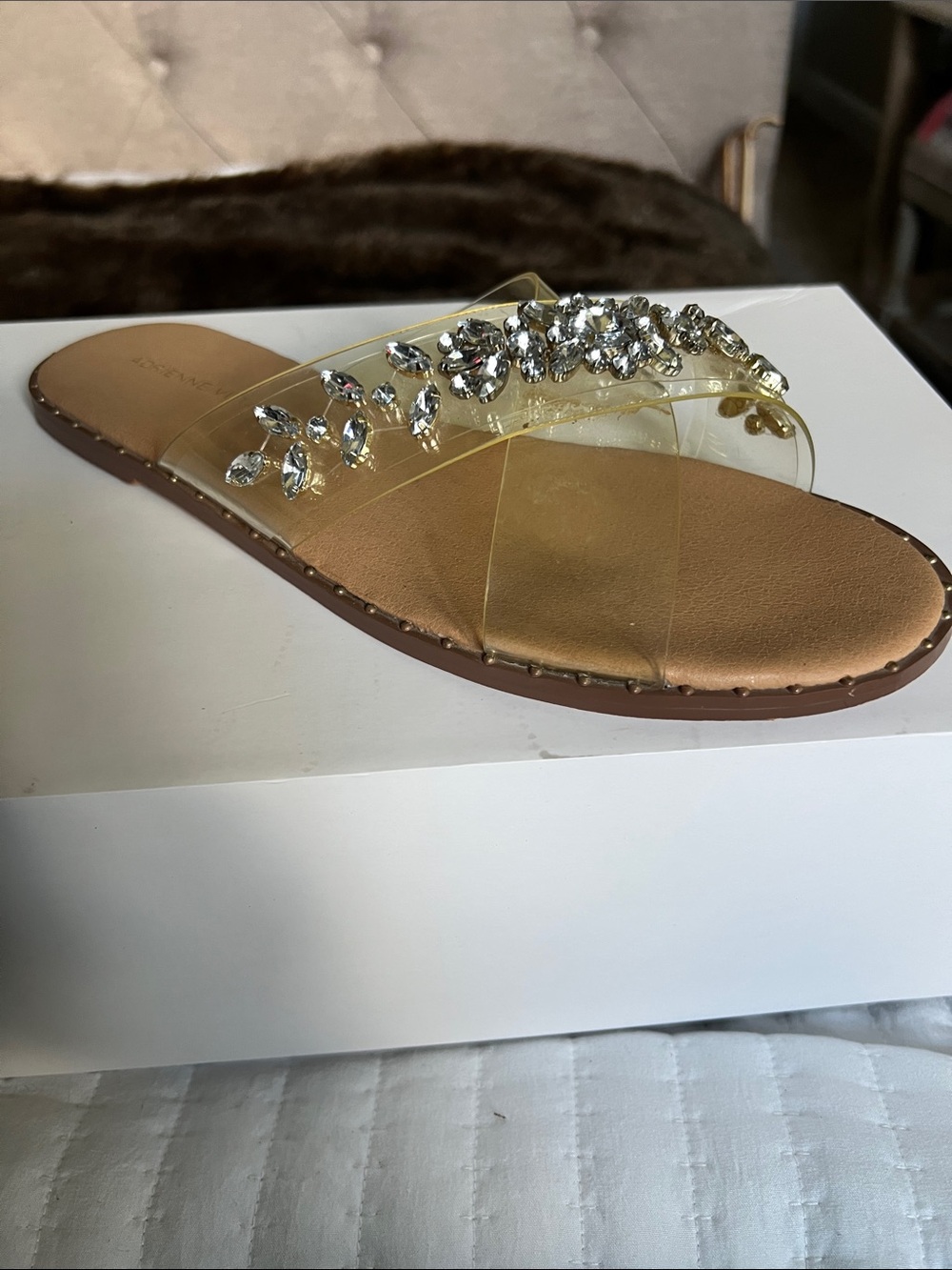 Adrienne Vittadini Clear Jewel-Embellished Slide Sandals with Tan Footbed